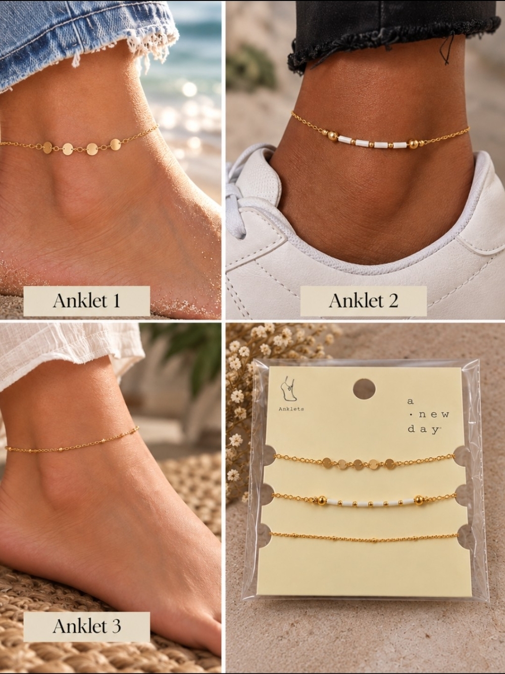 " a new day" Gold Three-Piece Anklet Set